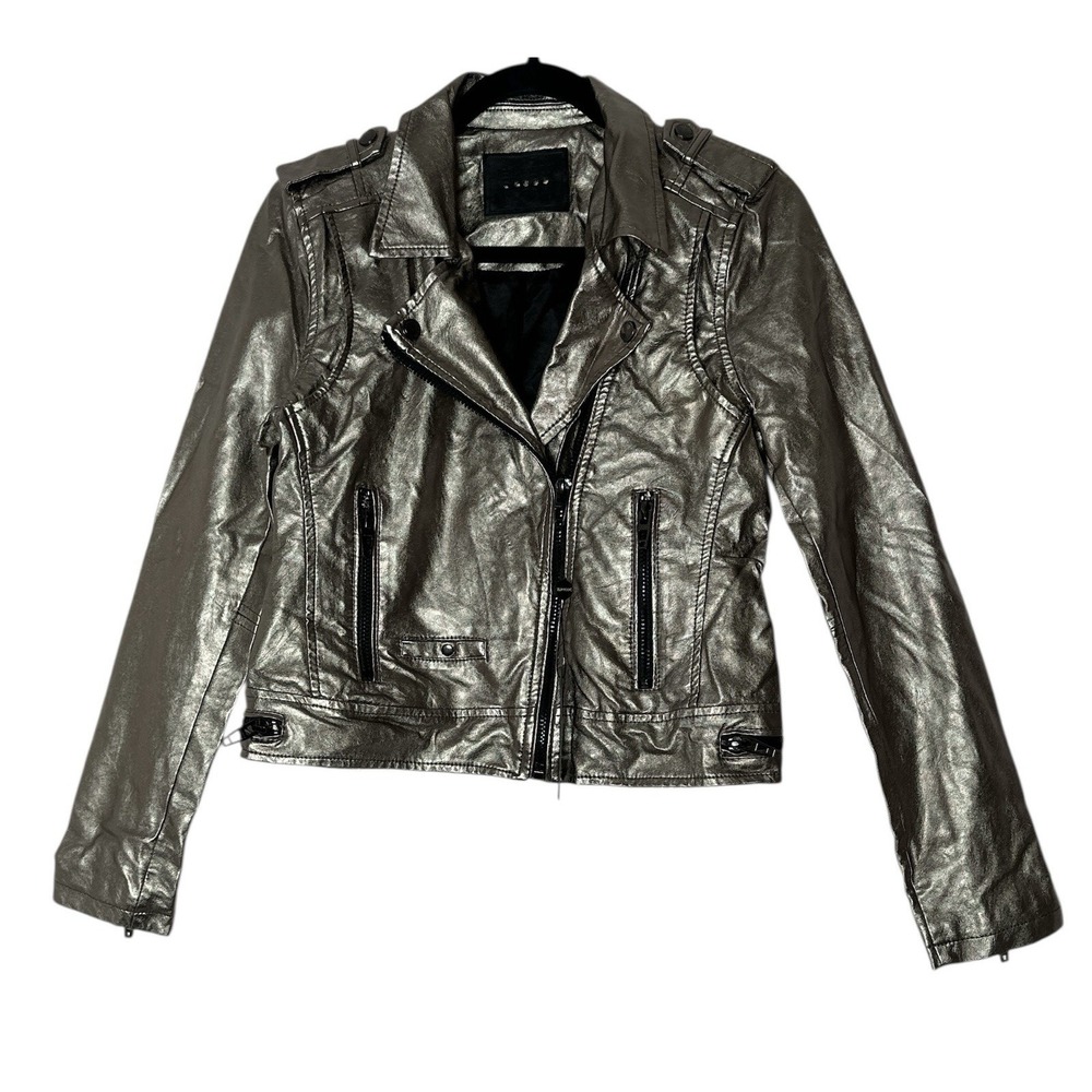 New Blank NYC Jacket Women's XS Silver Faux Leather Pockets Moto Crop Outdoor